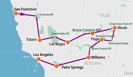 mappa tour parchi da San Francisco