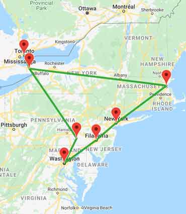 mappa tour New York-Boston-Cascate del Niagara