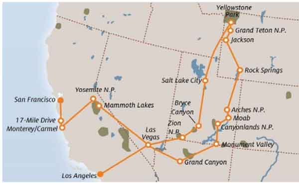 mappa tour grandi parchi usa