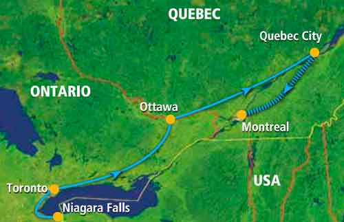 mappa tour Canada - Niagara e grandi città est