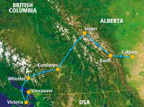 mappa tour Canada Ovest - i grandi parchi 