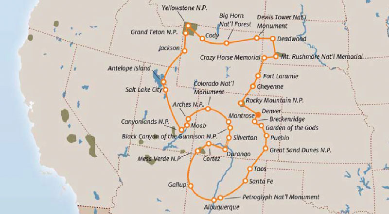 mappa tour dal Colorado al New Mexico